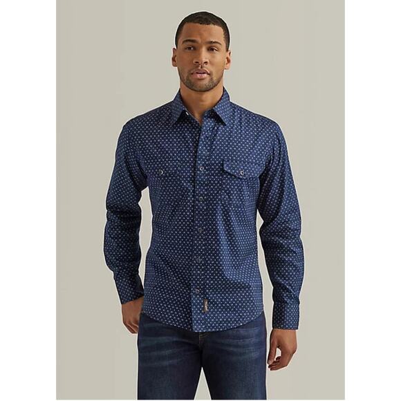 Wrangler Retro Premium Size XL Button Up Mens Shirt Navy Print Long Sleeve - Picture 6 of 10